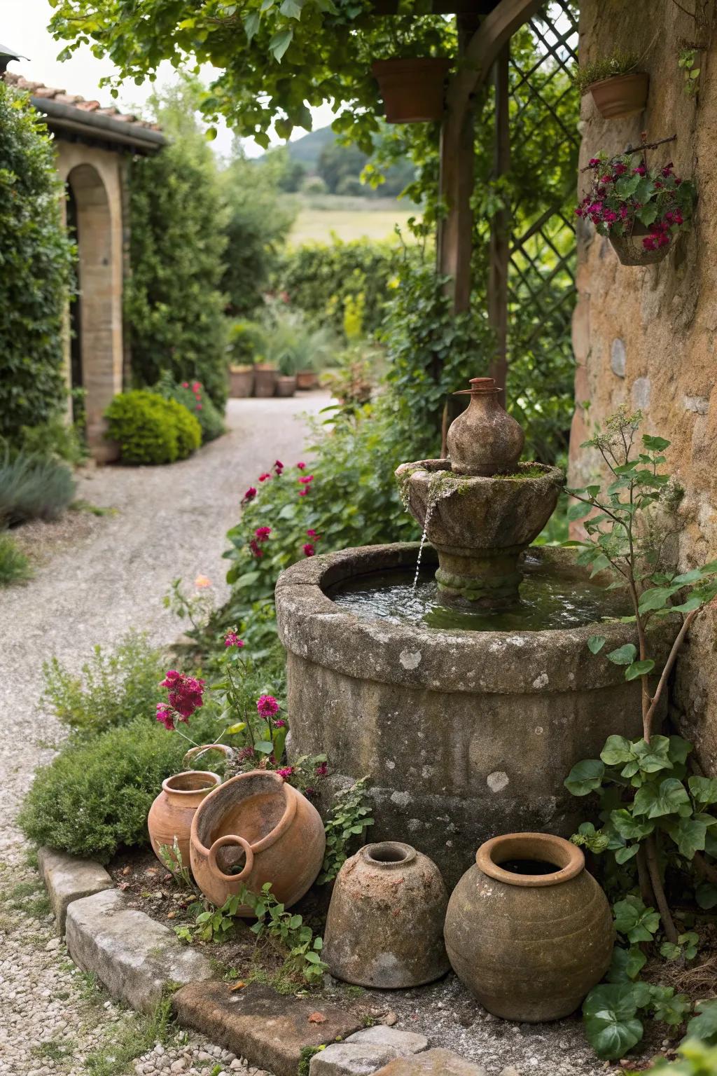 Rustic garden fountain with earthen pots.
