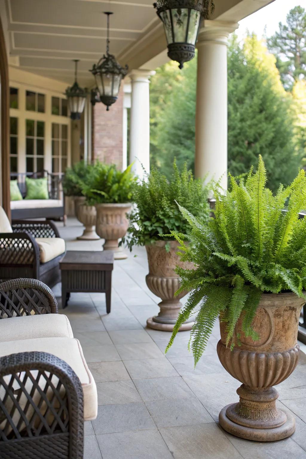 Enhance your patio with potted foxtail ferns.