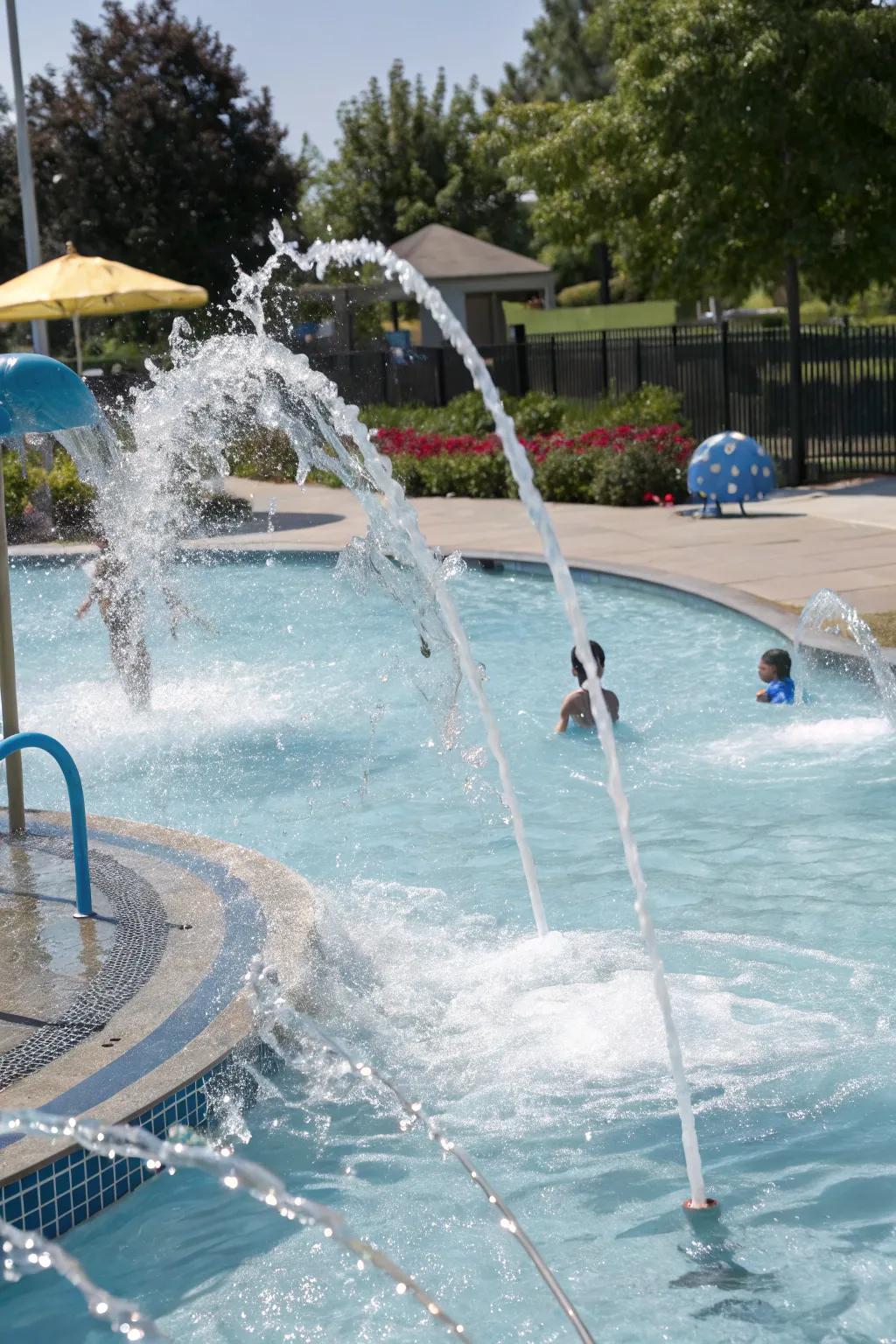 Dynamic water features add excitement to the pool.