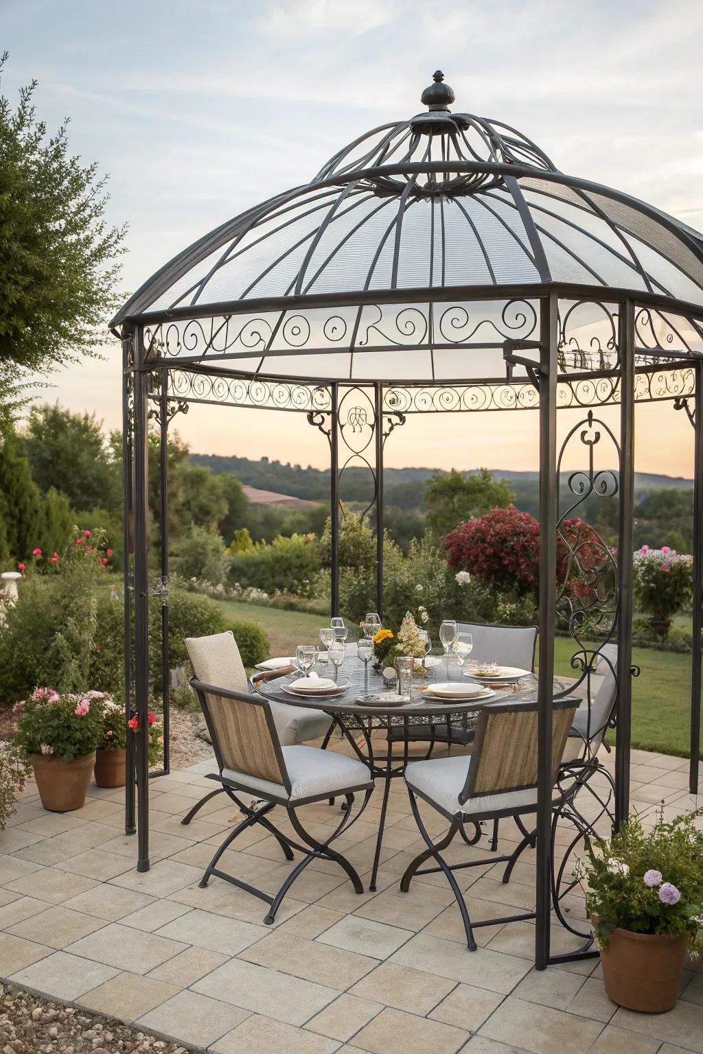 A durable metal gazebo adding elegance to a patio.