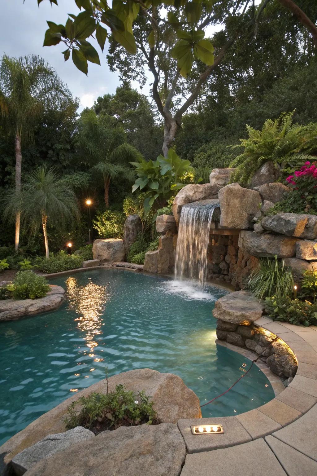 A dramatic waterfall feature enhances the natural beauty of a freeform pool.