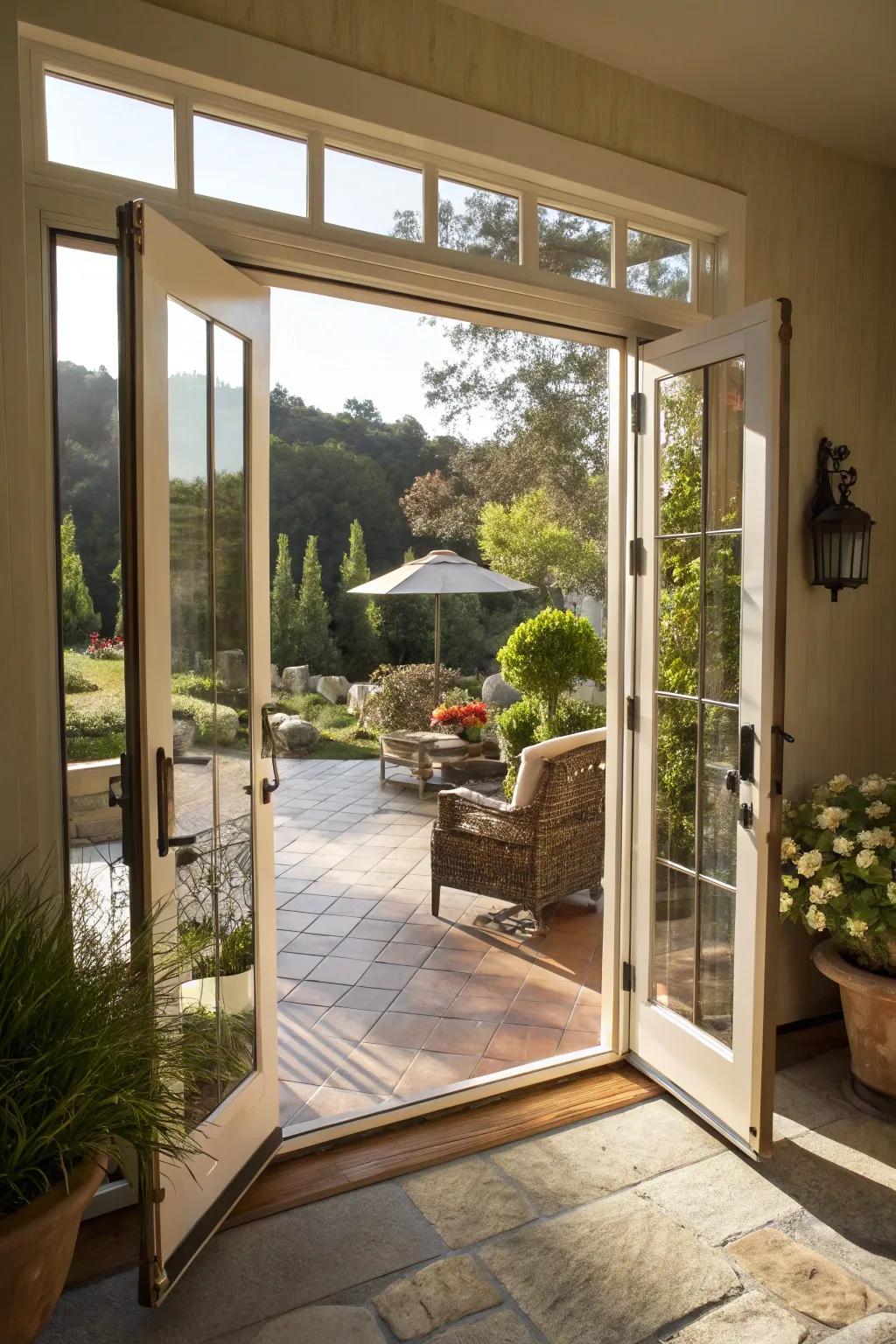 Double French doors with screens offer elegance and functionality.