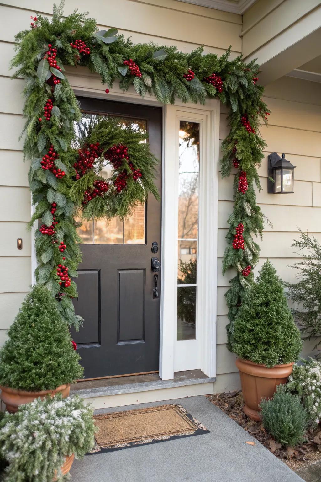 A garland of natural greenery adorned with berries for a simple, impactful look.