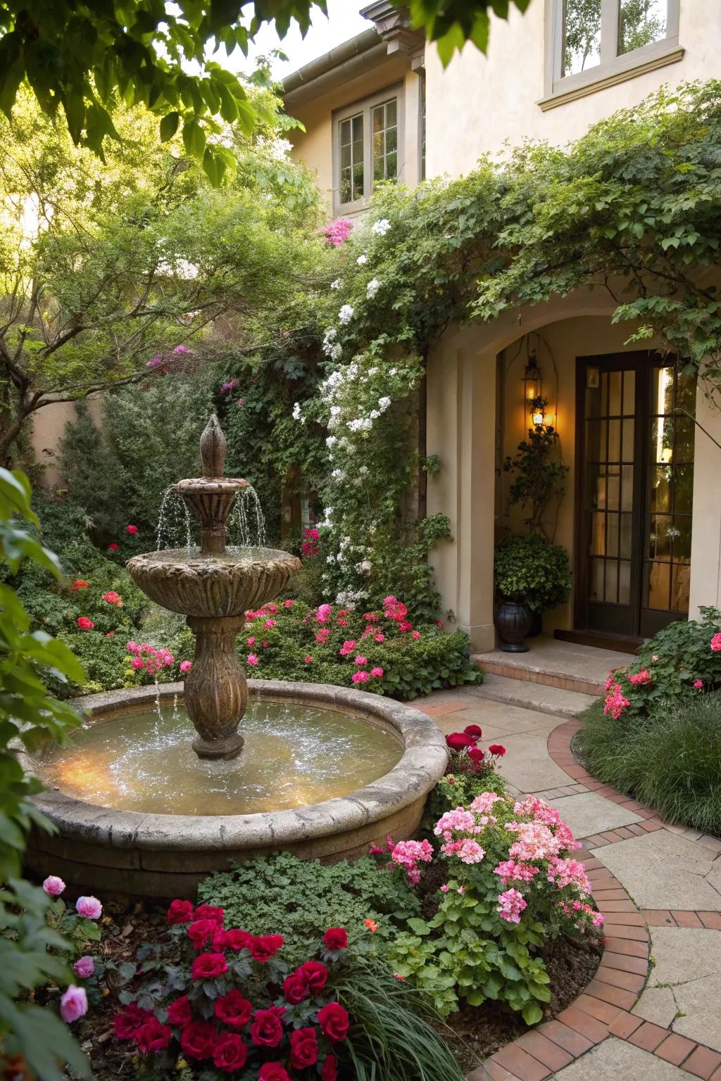 A garden-integrated fountain creates an enchanting oasis at your doorstep.