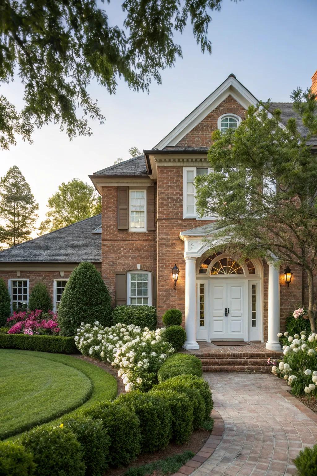 A white front door provides a classic and elegant touch to a brick home.