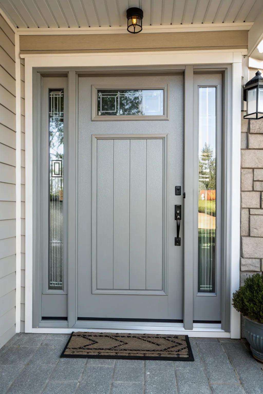 Elegant gray front door enhancing a modern home's facade.
