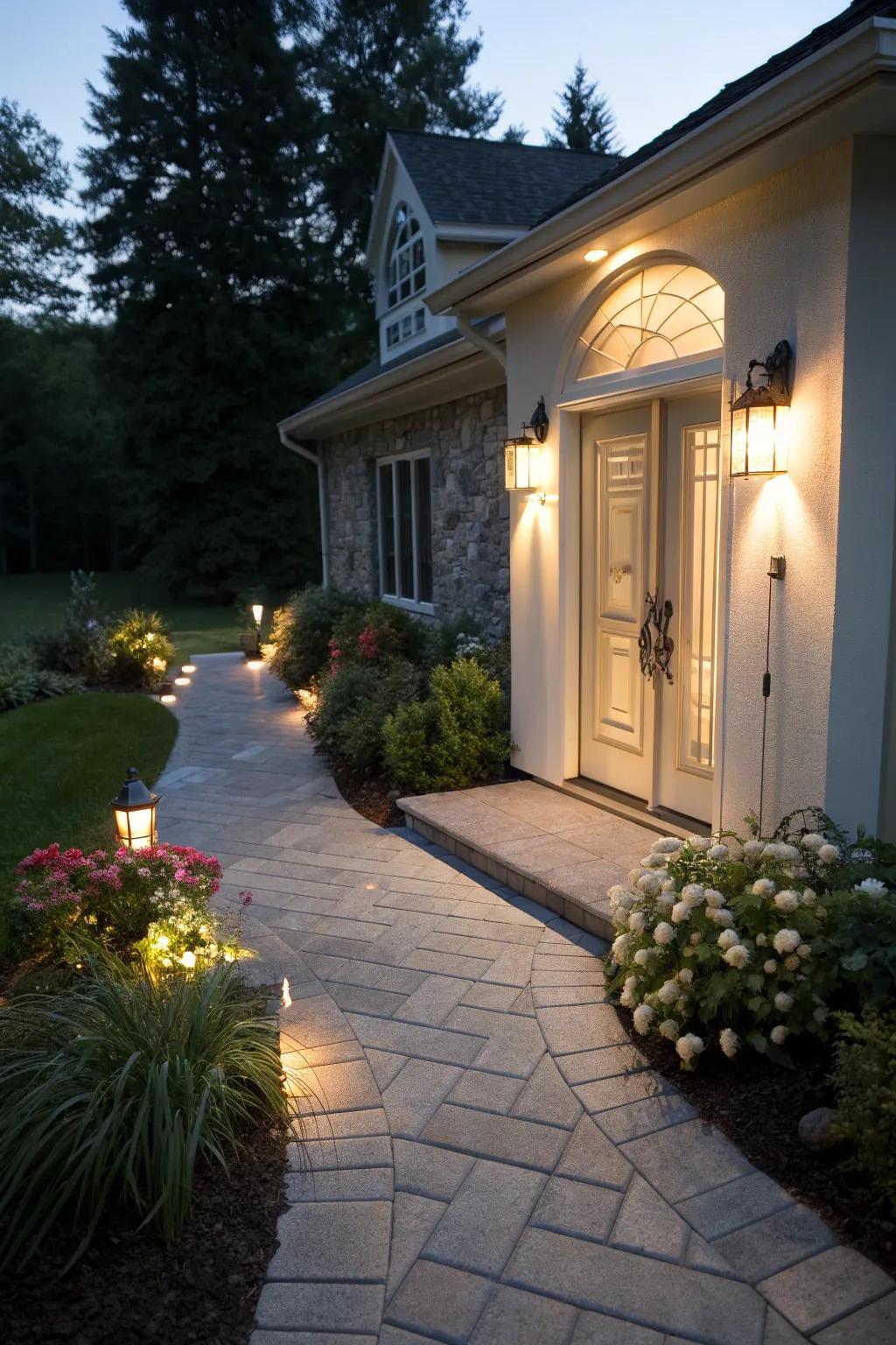Pathway lighting adds a warm glow to the patio.