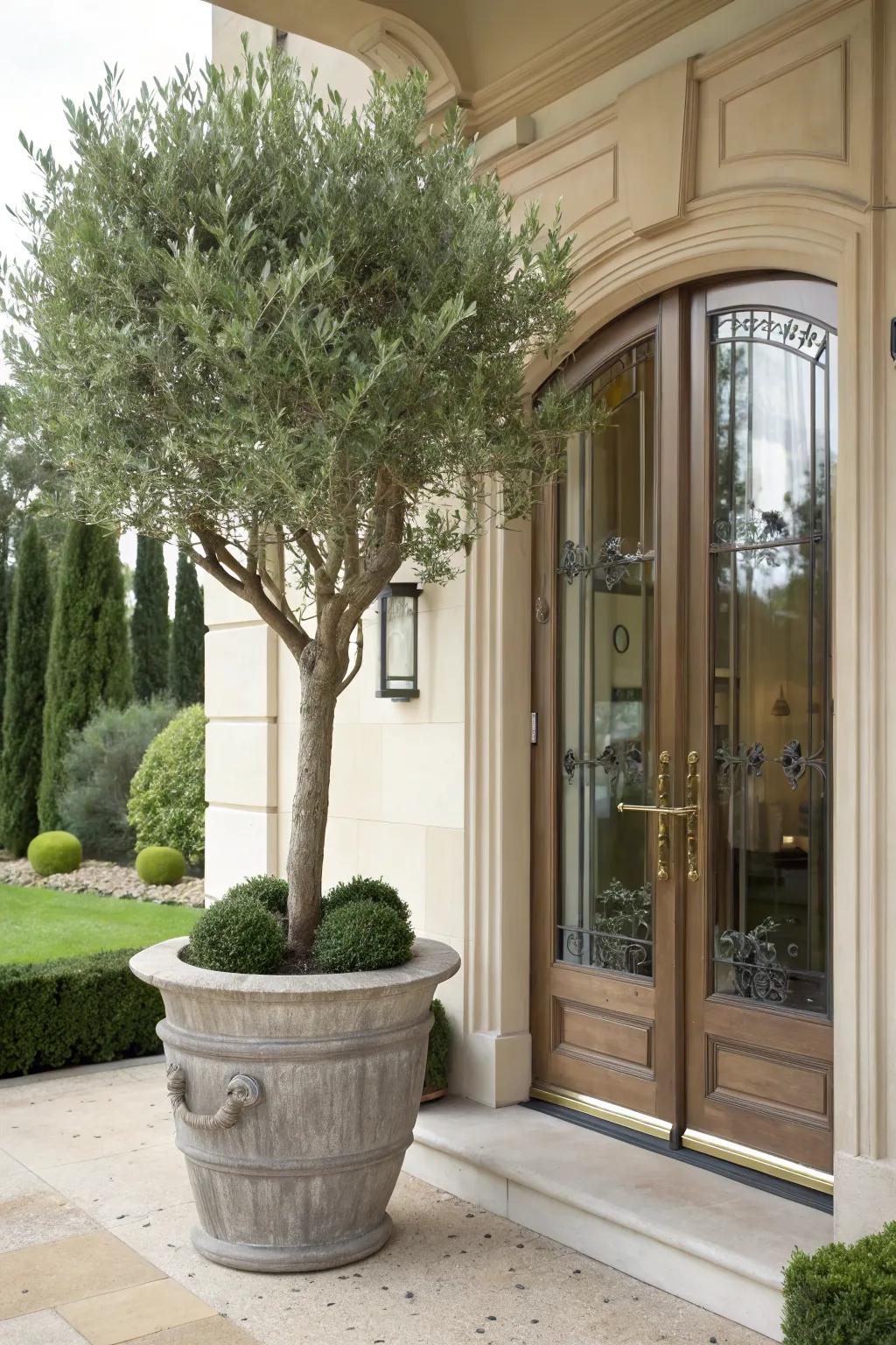Olive trees offer a sophisticated Mediterranean flair.
