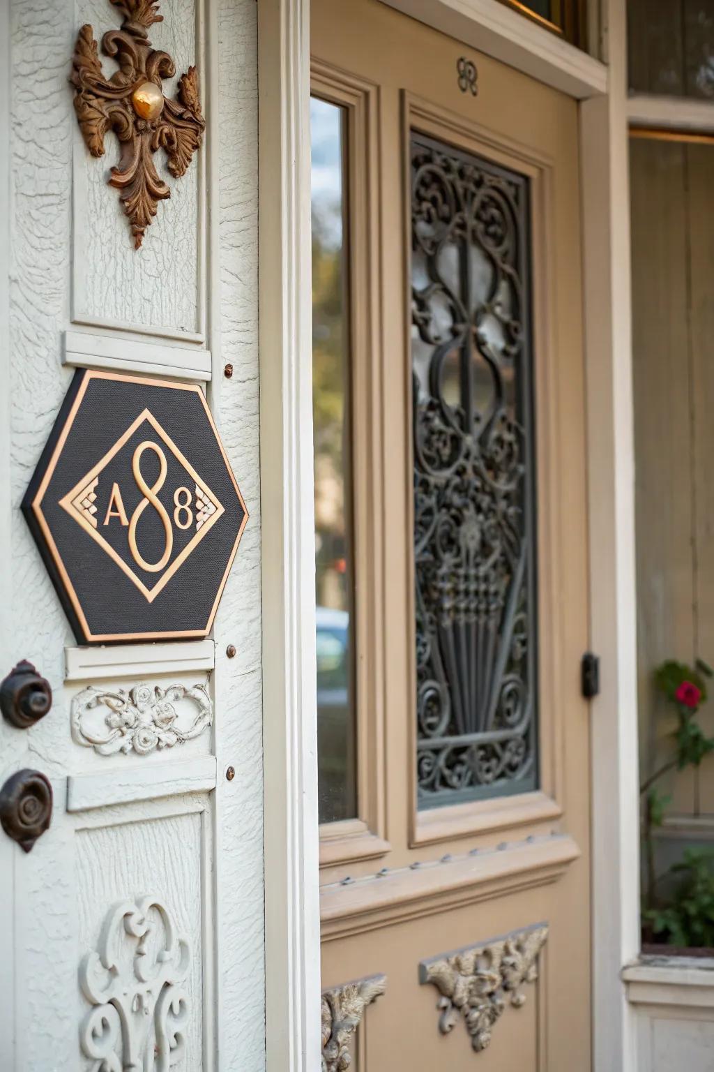A uniquely shaped plaque that adds a creative touch to your door.