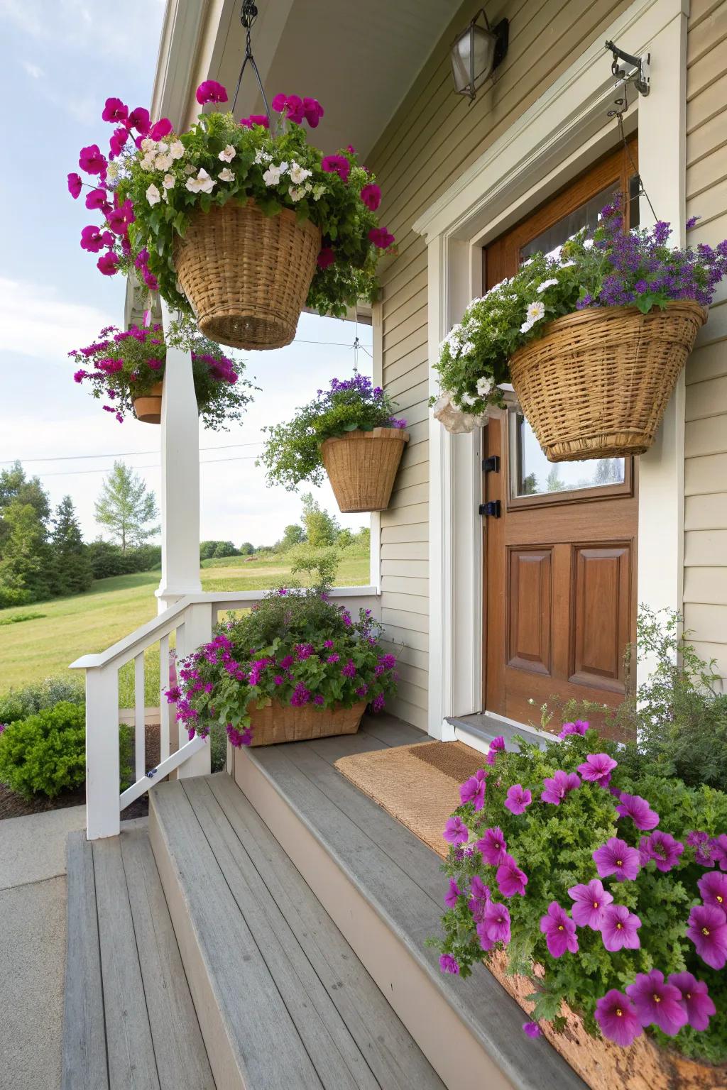 Wicker baskets filled with petunias offer a cozy charm.