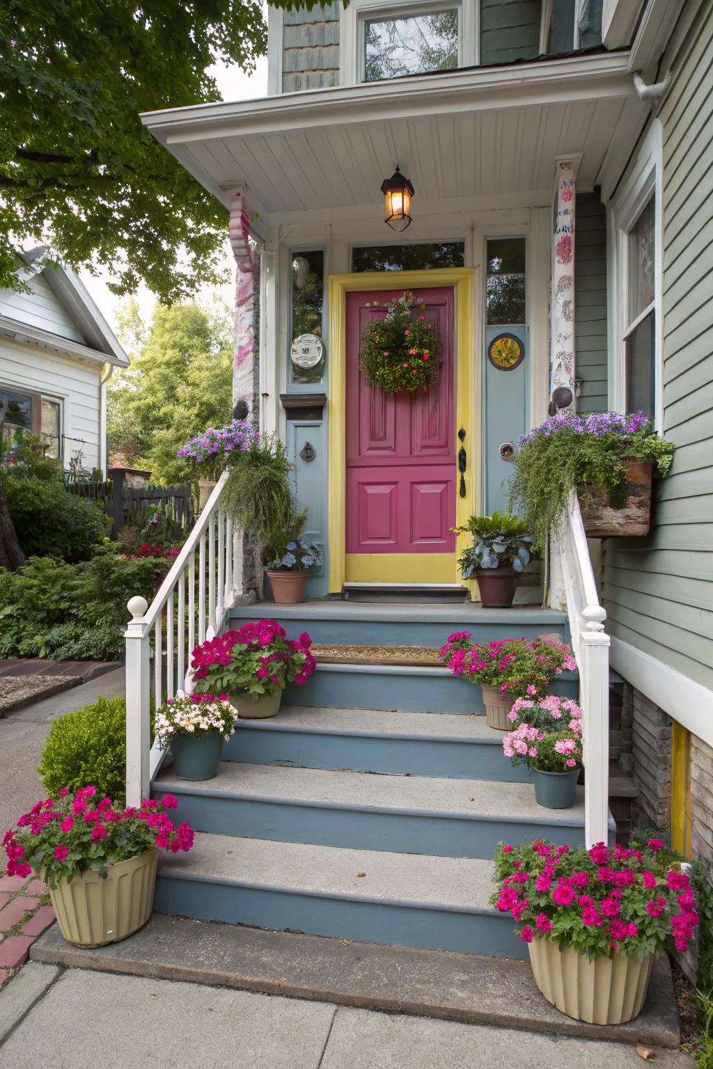 A cohesive color palette creates a harmonious and inviting stoop.