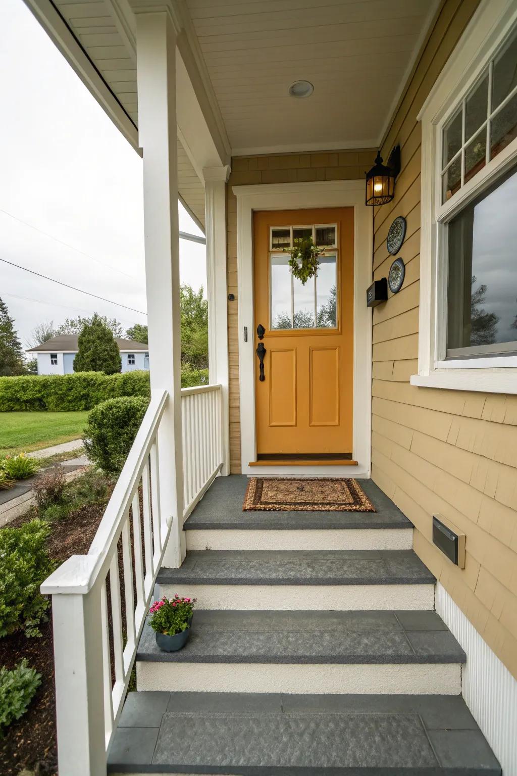 A welcoming porch with steps and a cozy mat.