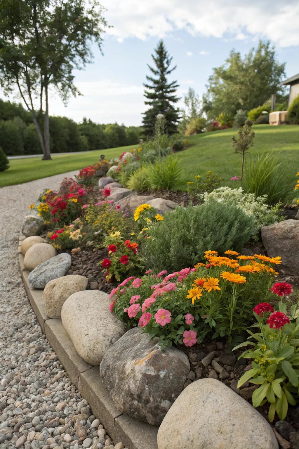 Decorative rocks outlining a lush flower bed, adding structure and style.