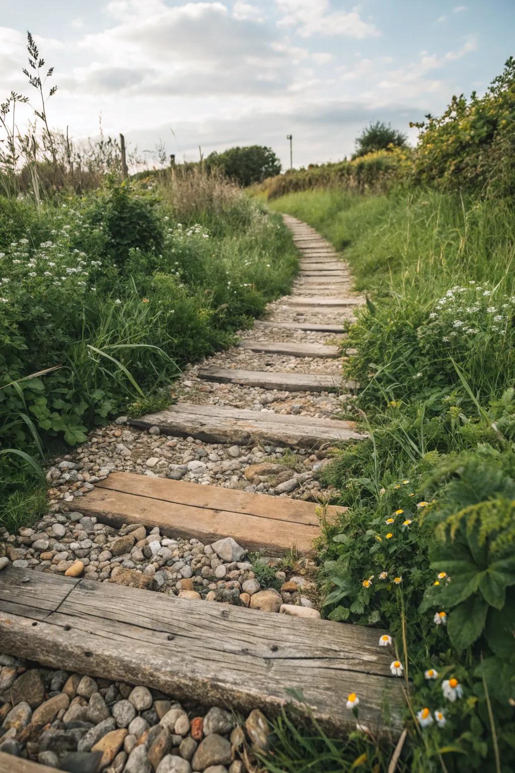 A rustic path of wooden boards and pebbles, perfect for a cottage-style garden.