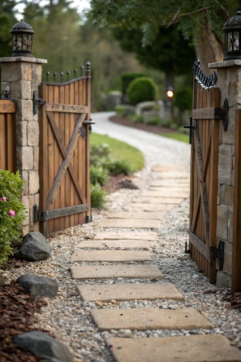 A rustic entrance with stone and gravel elements.