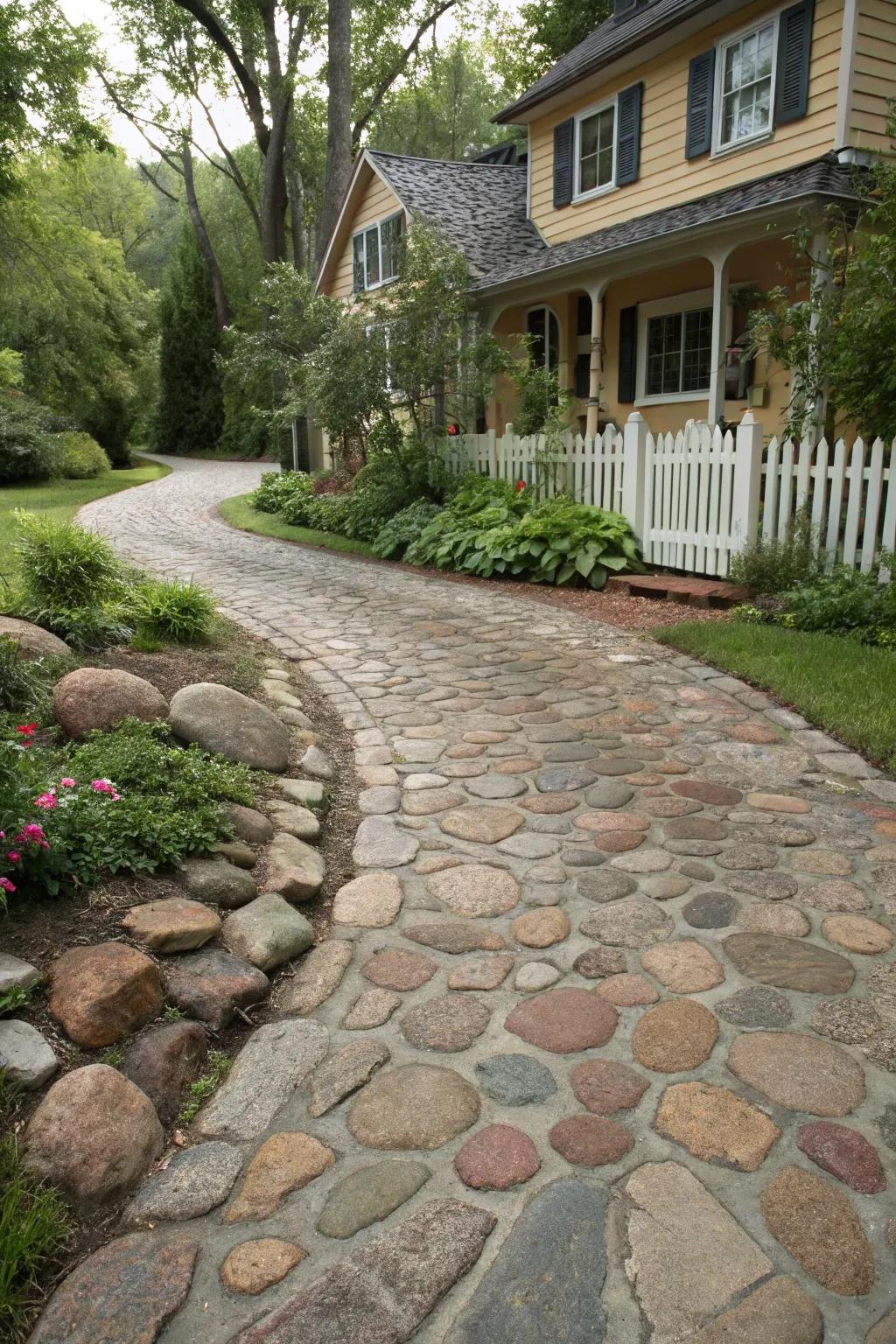 Natural stone driveway with a unique, artistic flair.