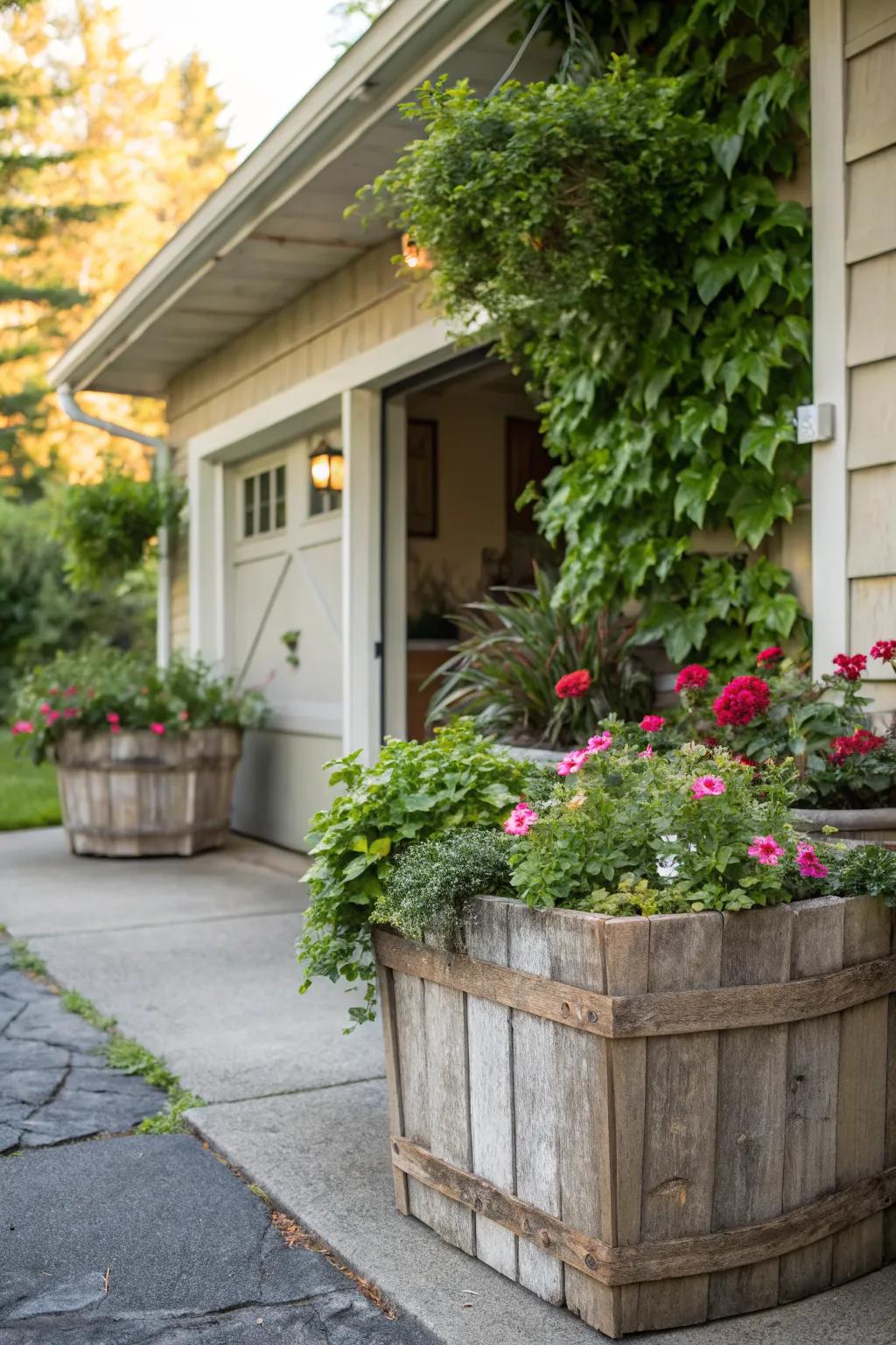 Add rustic charm with wooden planters.