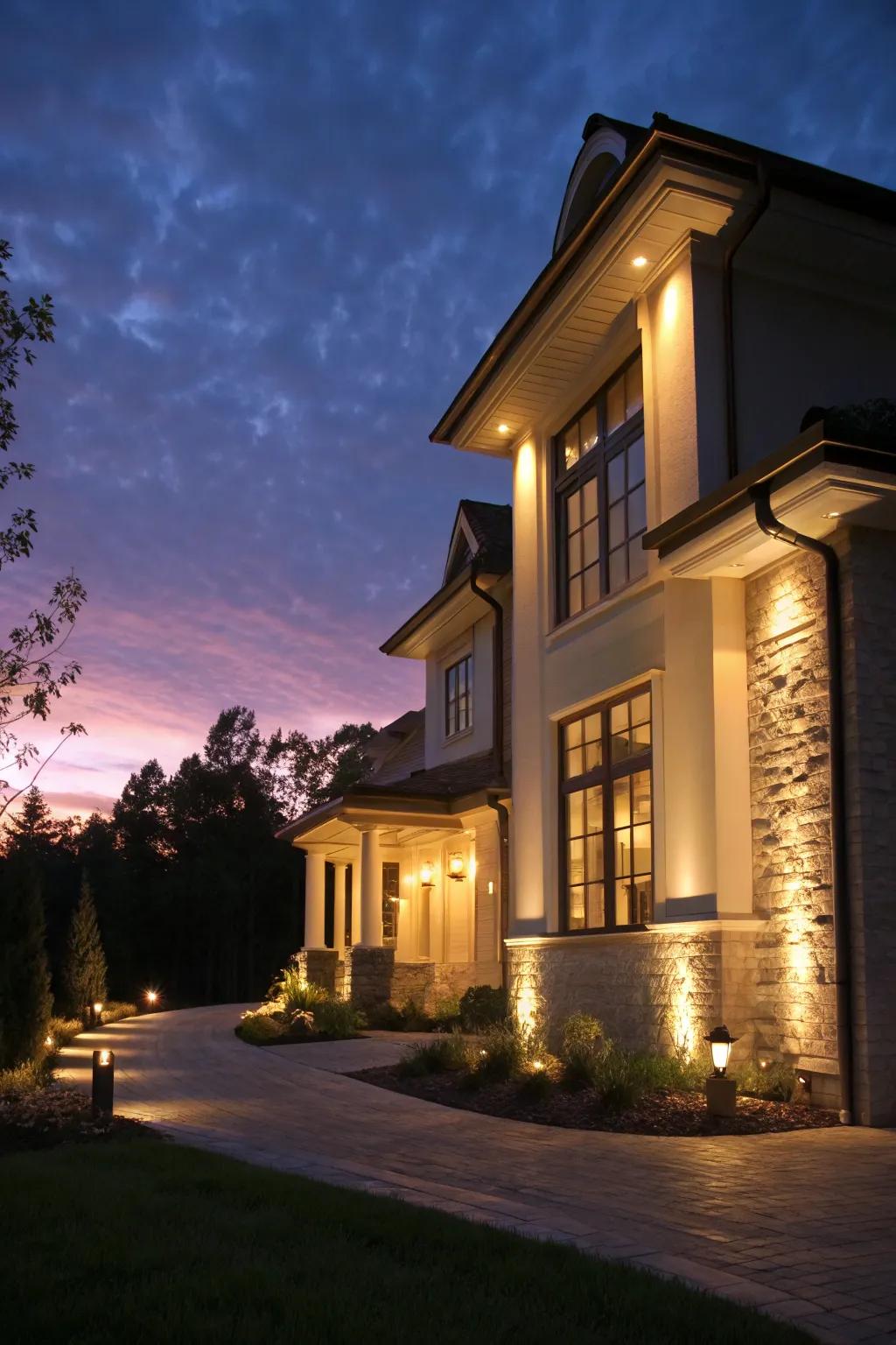 Elegant lighting illuminating a house exterior at dusk.