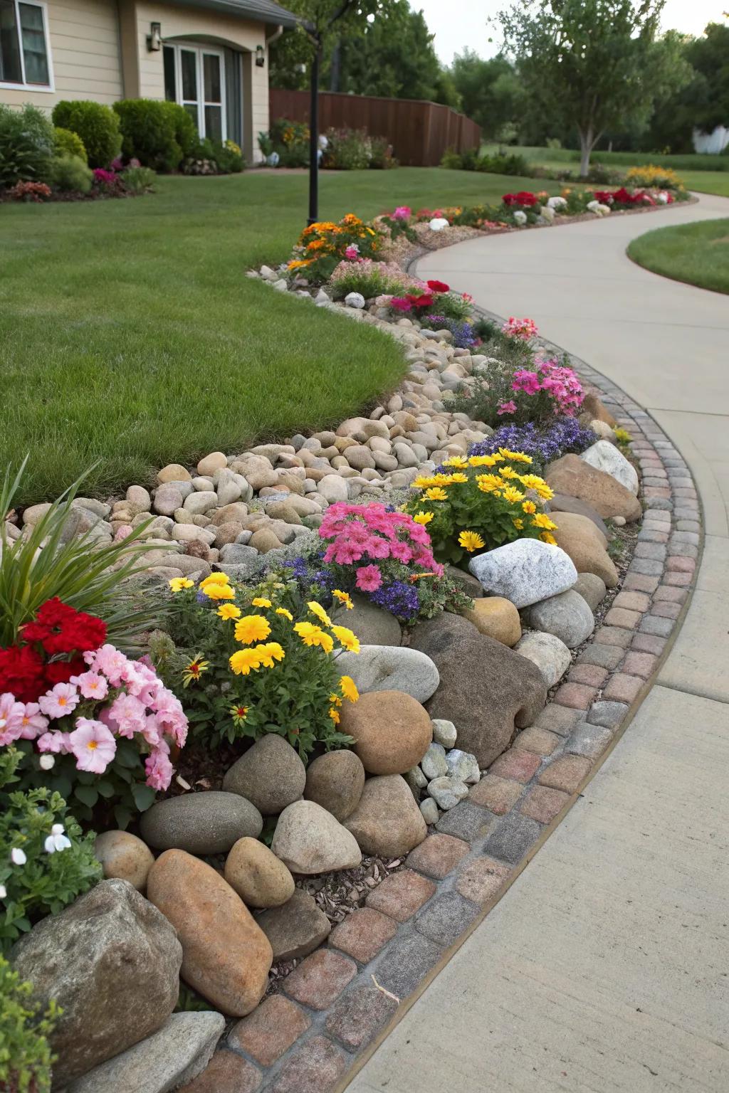 A structured flower bed with a guiding rock pathway and edging.