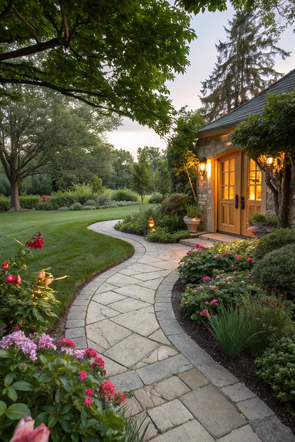 Gently curving stone pathway adding elegance and flow.