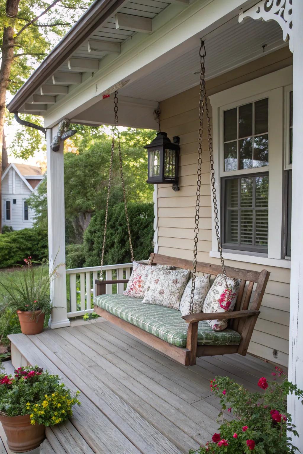 A charming porch swing that invites relaxation.