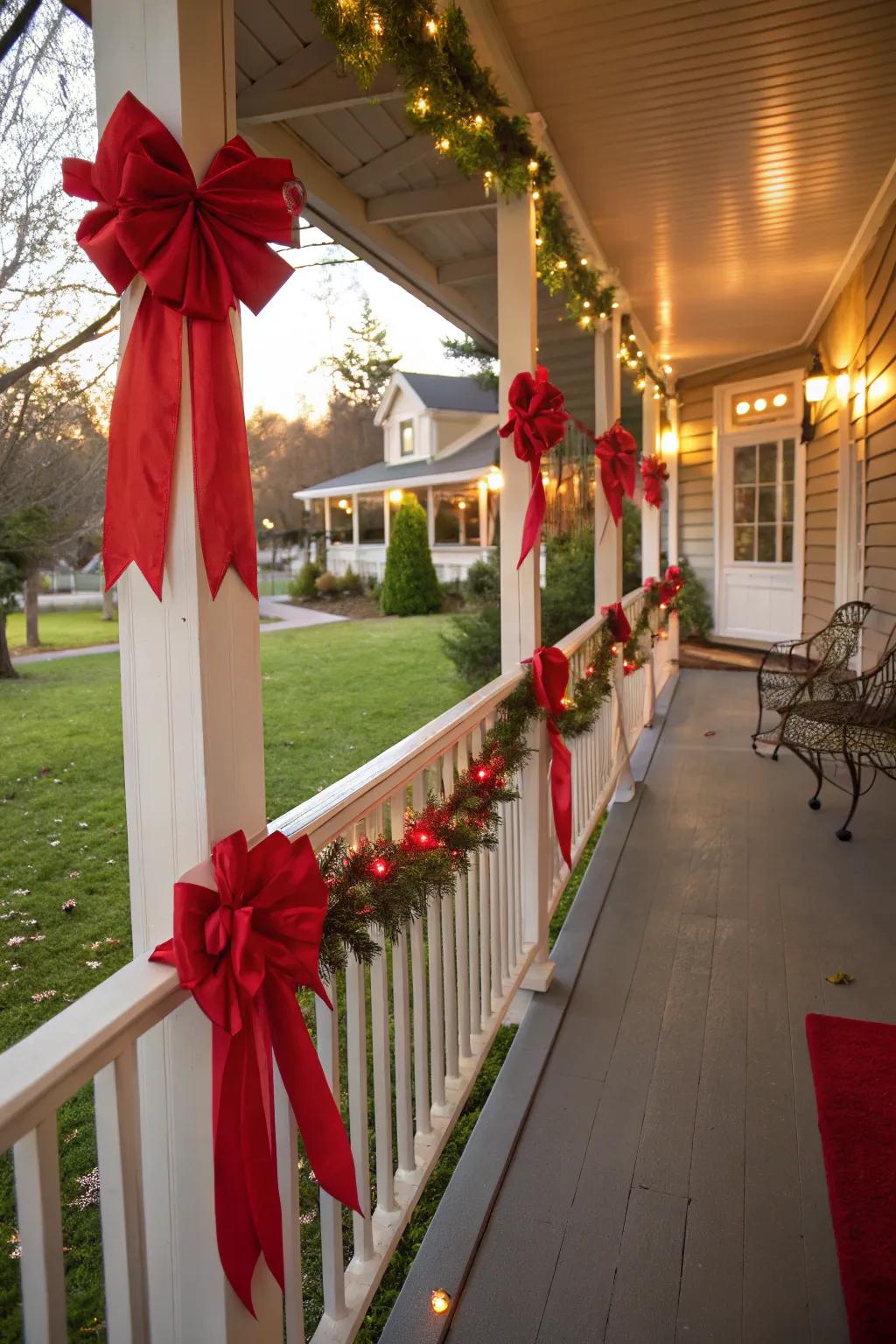 Red accents bring vibrant color to the holiday porch.