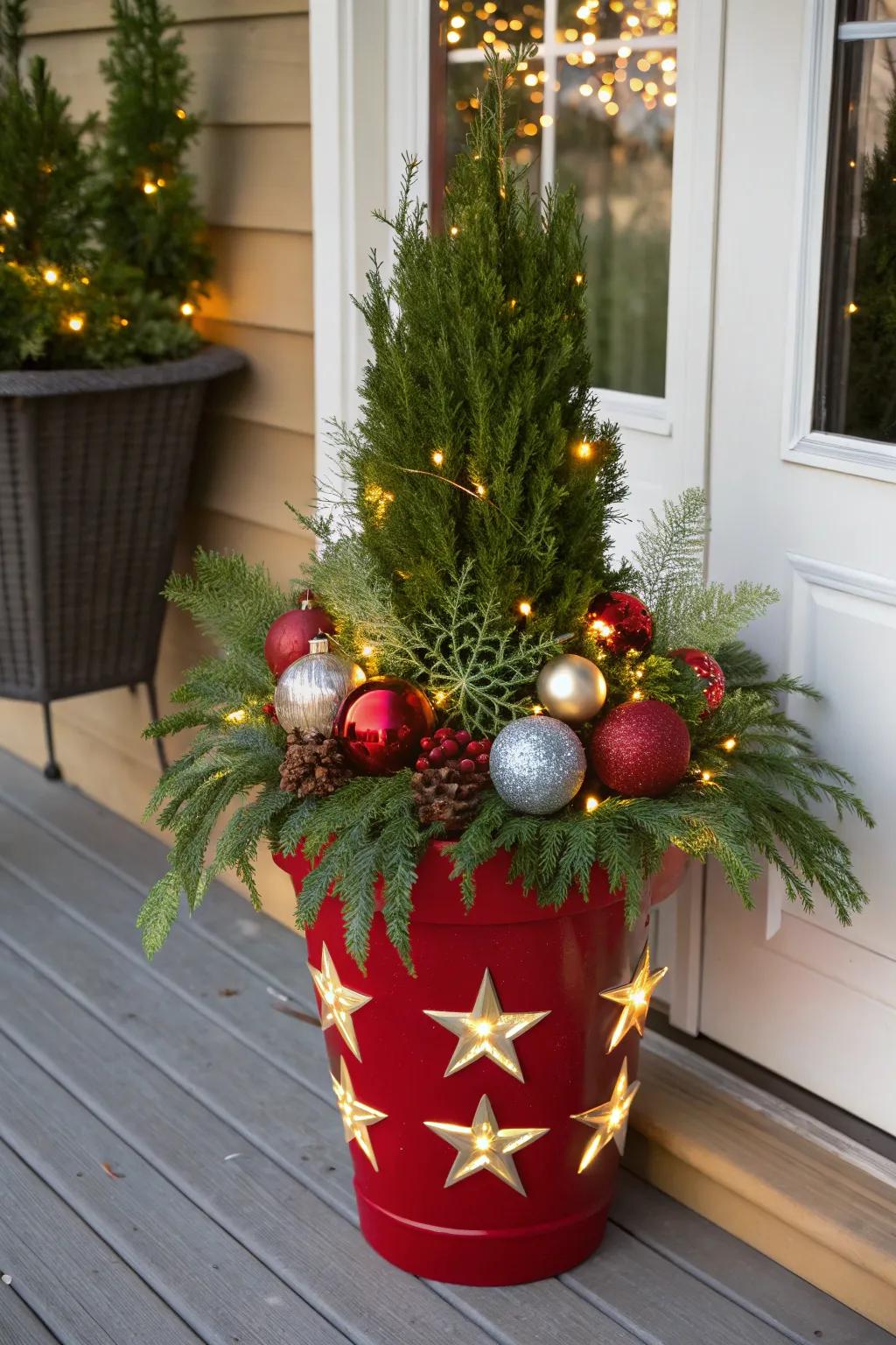 Ornaments bring sparkle and elegance to Christmas planters.