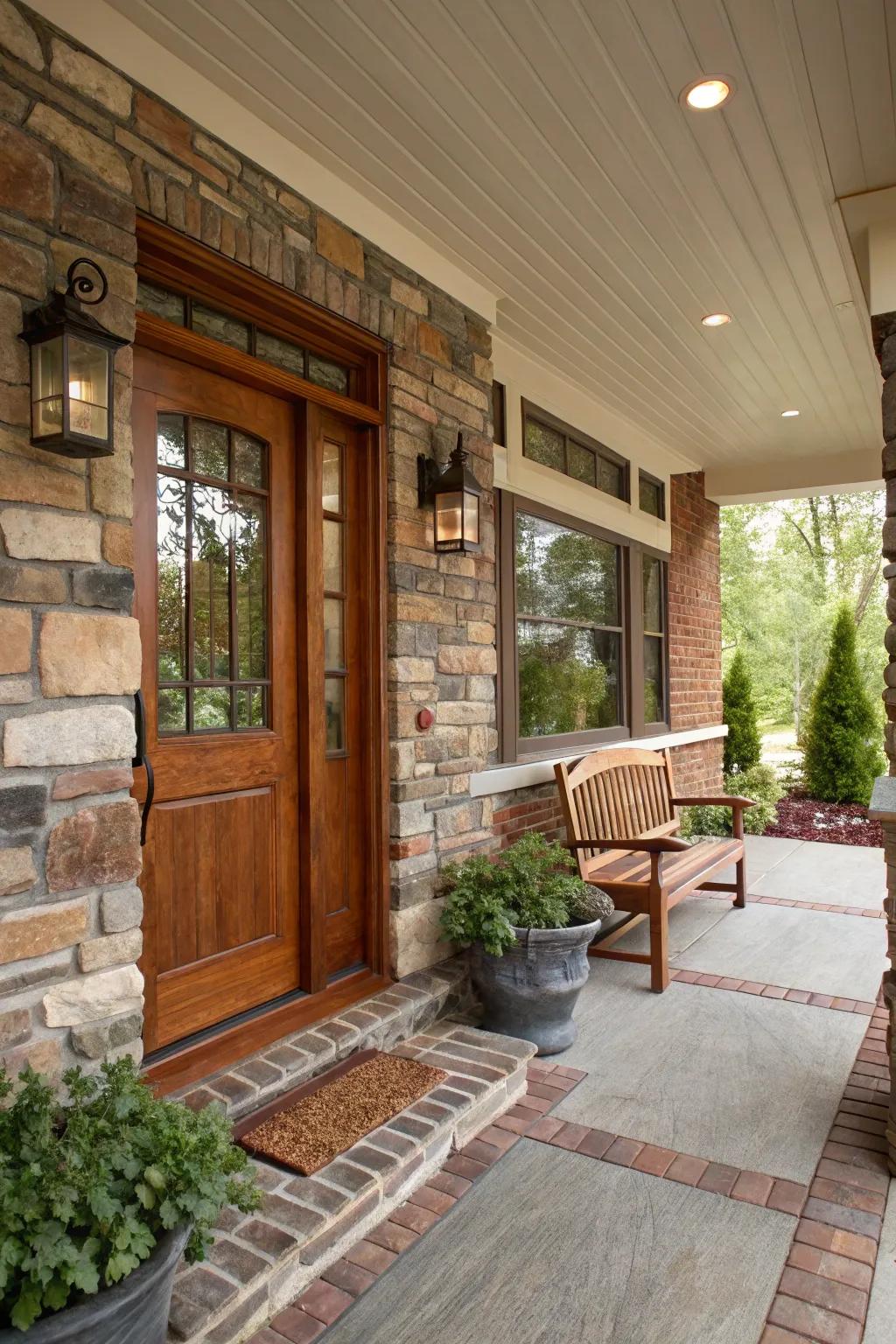 A front porch showcasing a mix of wood, stone, and brick materials.