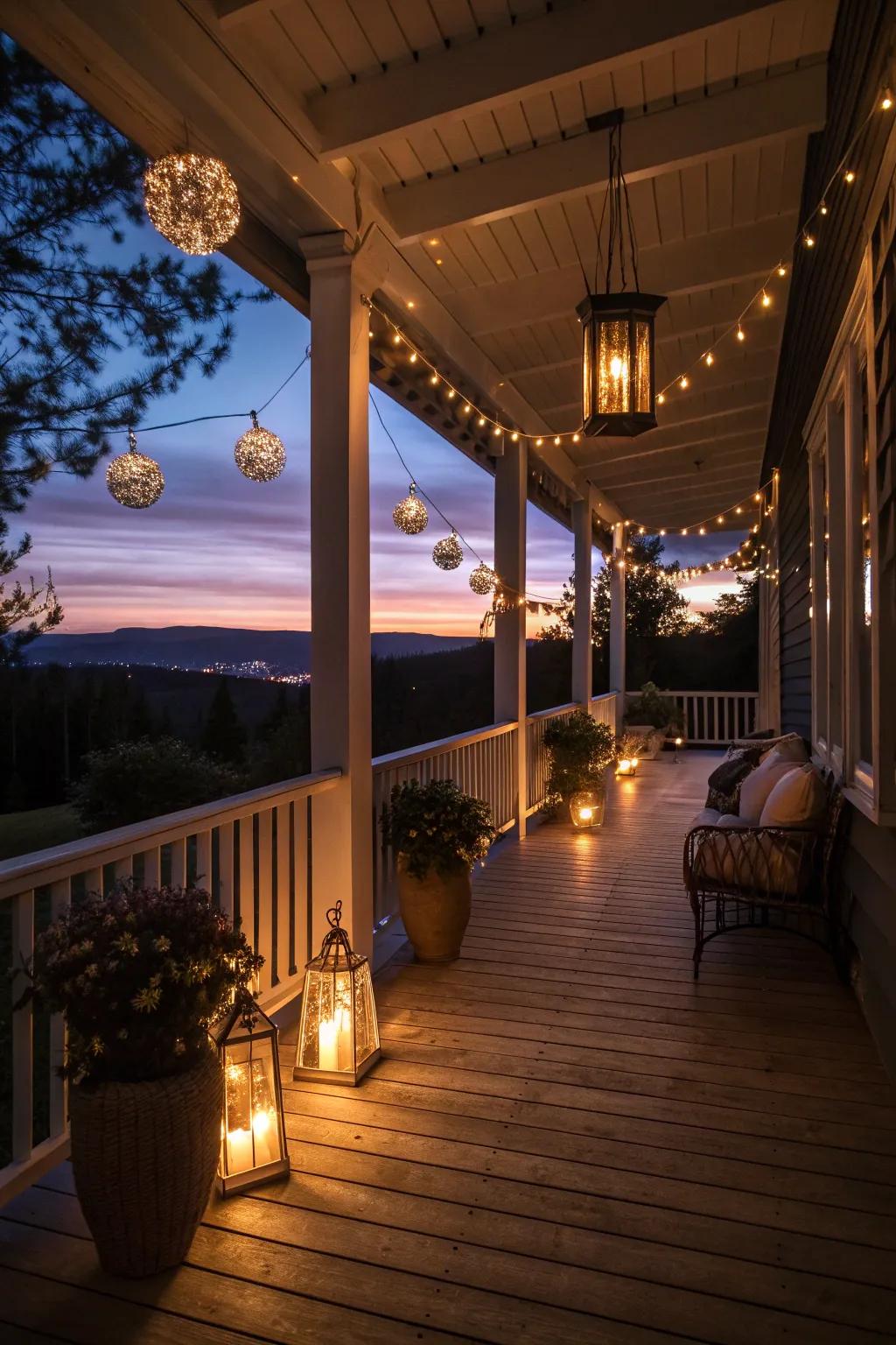 Lanterns and string lights casting a warm glow on a fall porch.