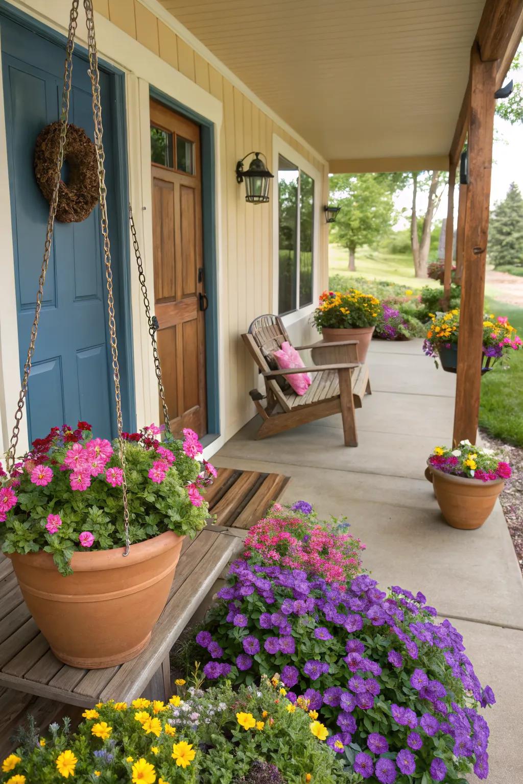 Planters of different sizes add personality and a pop of color to your porch.