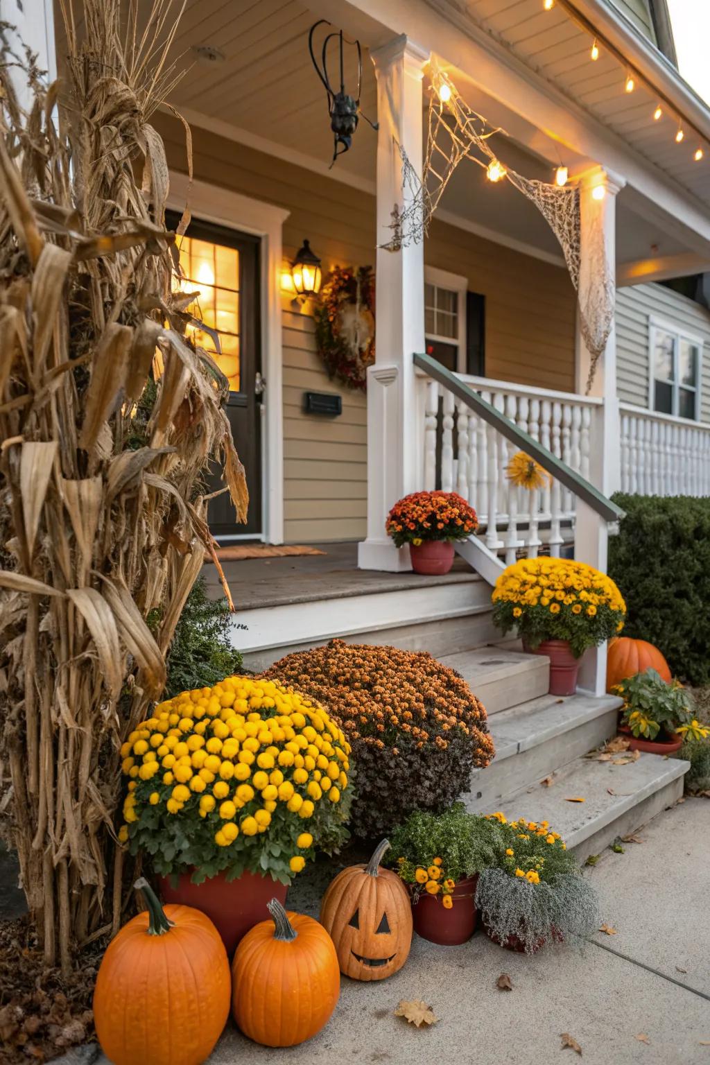 Vibrant autumnal plants mix beautifully with spooky Halloween elements.