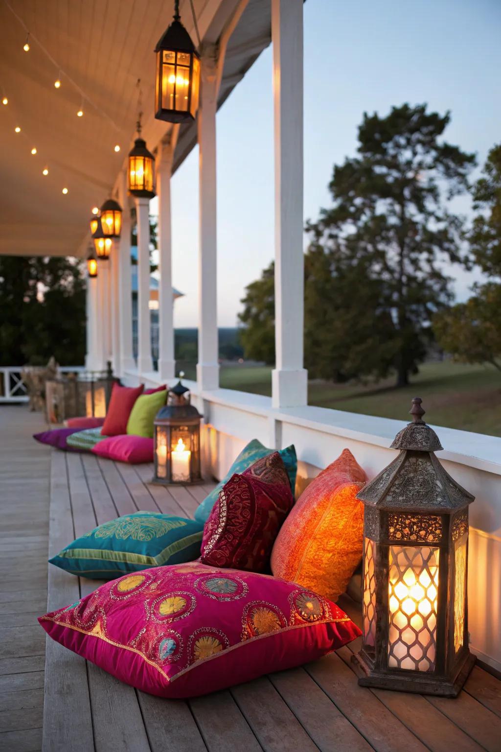 Decorative accents like lanterns and pillows cozy up your porch.