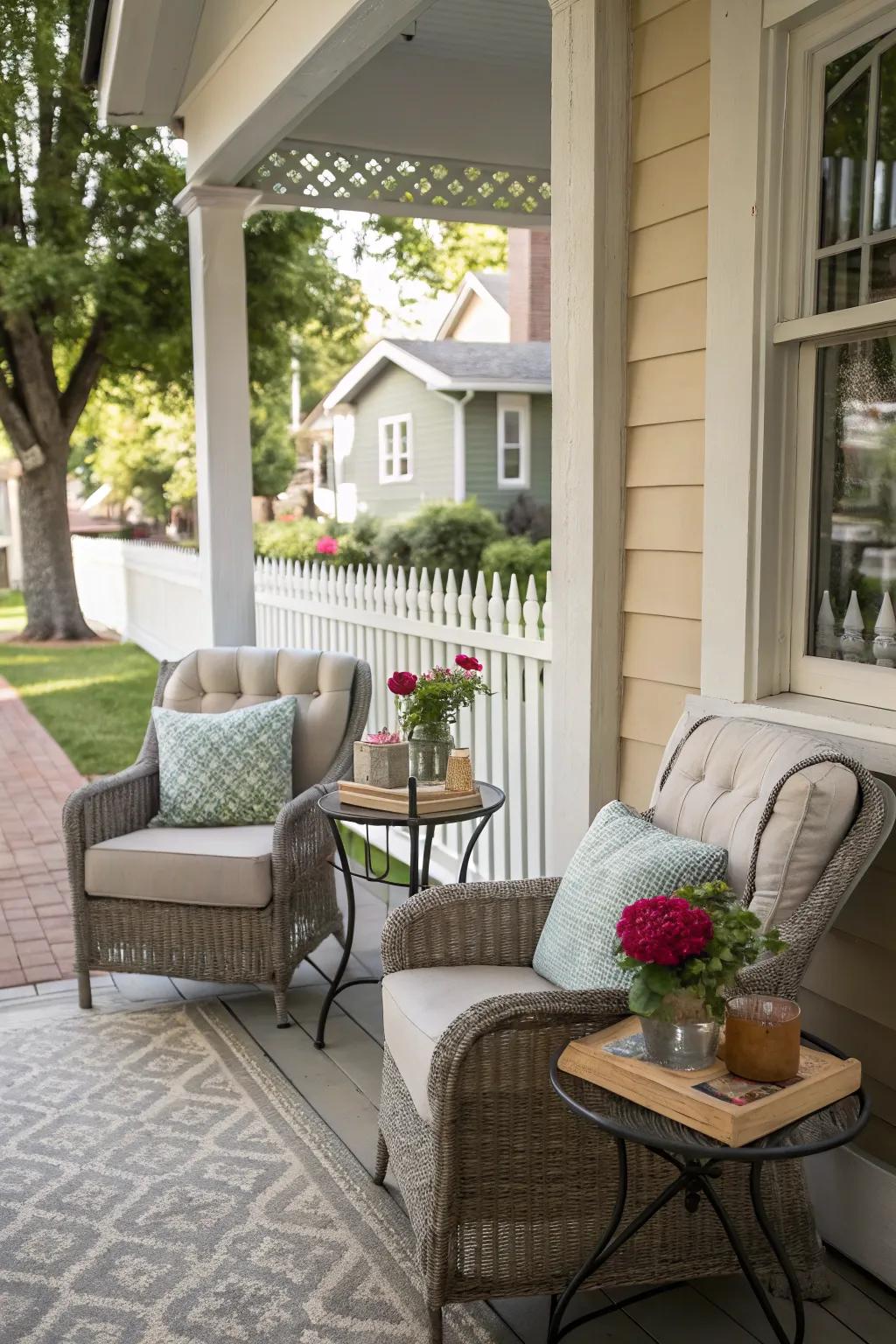 A cozy front porch setup with comfy chairs and a table.