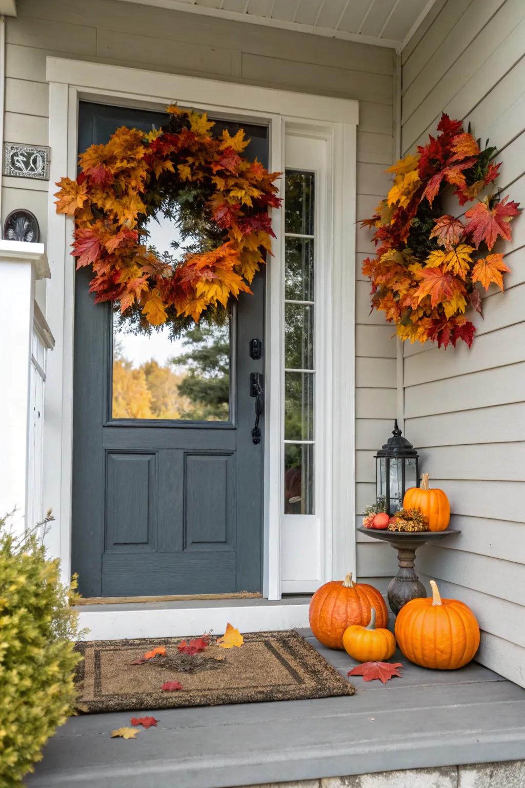 A fall wreath greets visitors with a touch of seasonal charm.