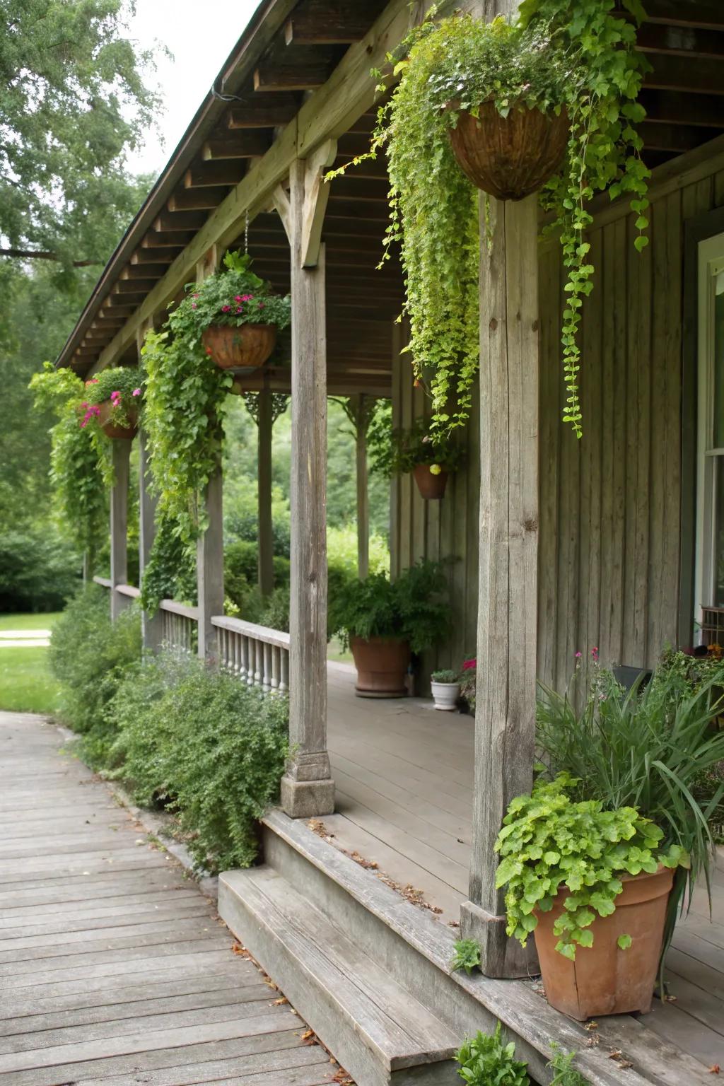 Hanging plants bringing a splash of color and nature to the porch.