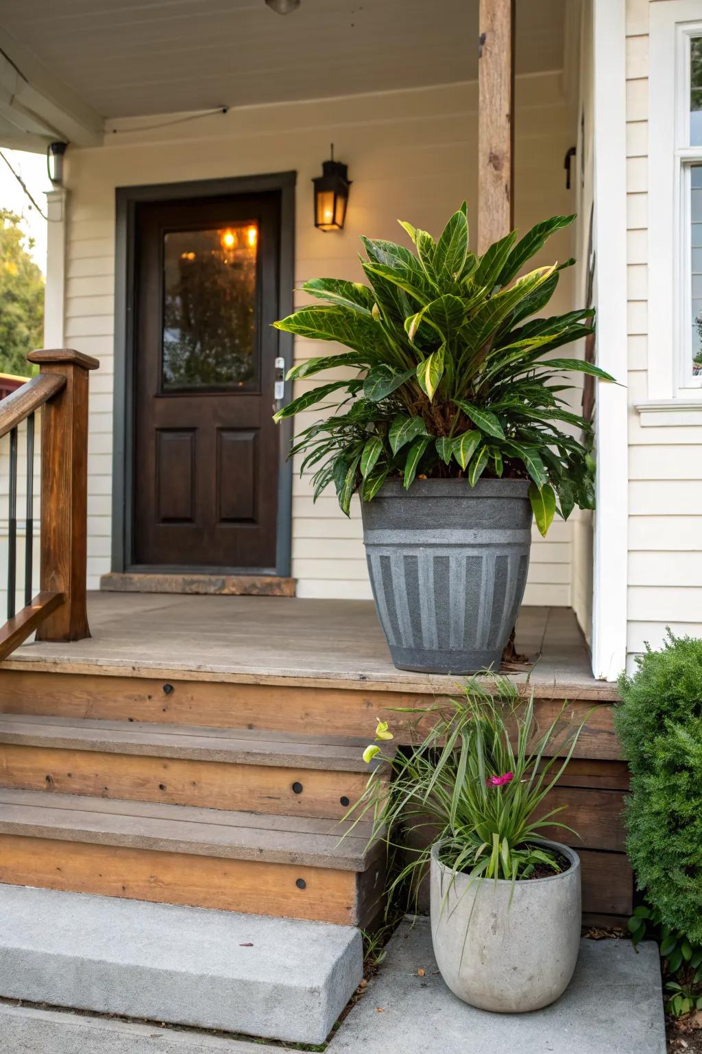A bold plant becomes the porch's eye-catching centerpiece.