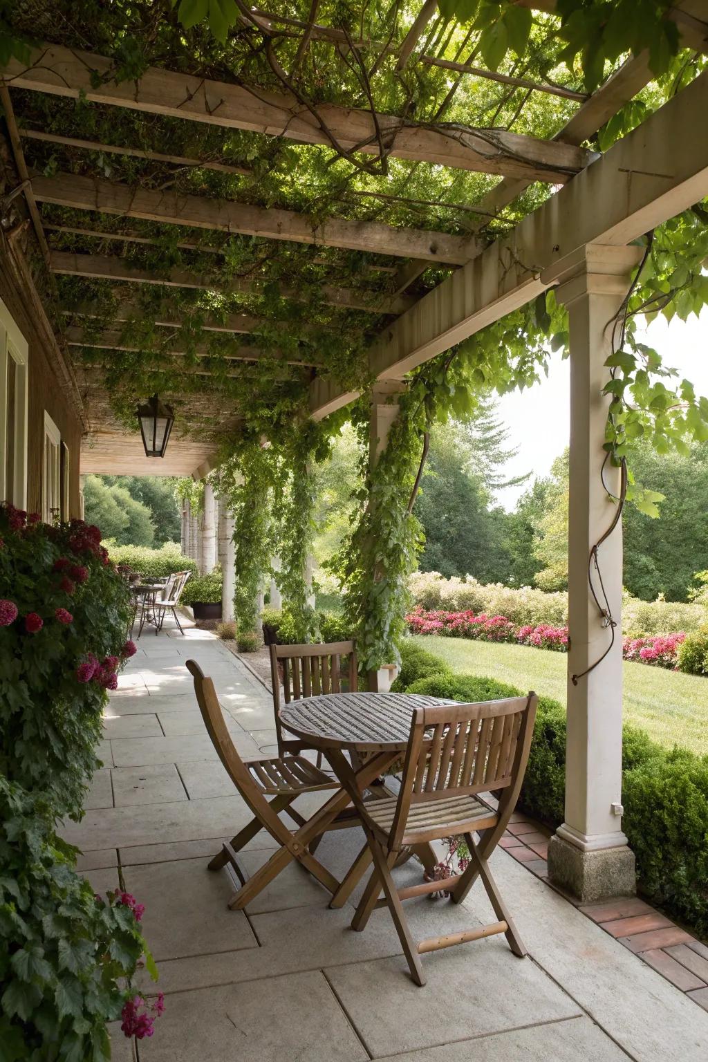 A wooden pergola with climbing vines for added shade.
