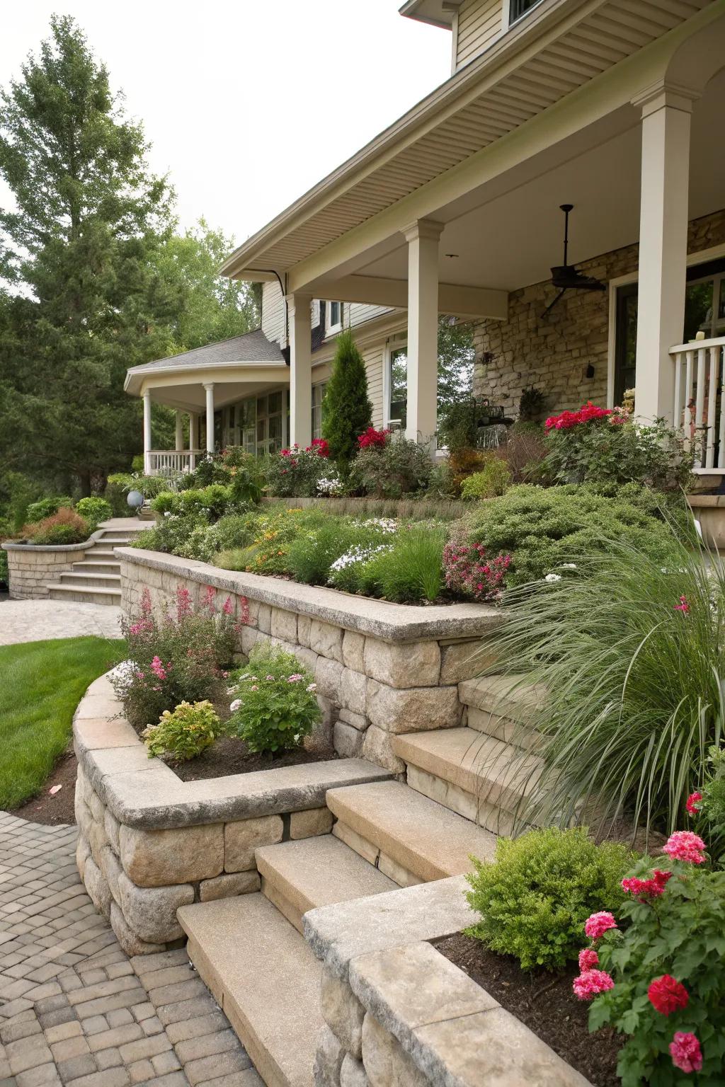 Multi-level retaining walls add depth to landscaping.