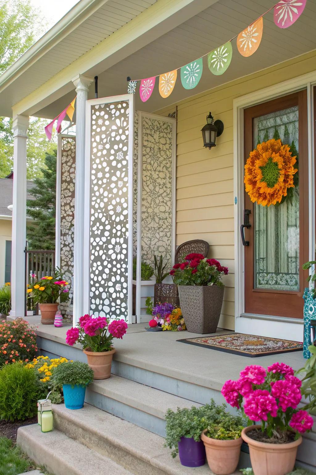 A porch featuring decorative patterned screens and vibrant decor.