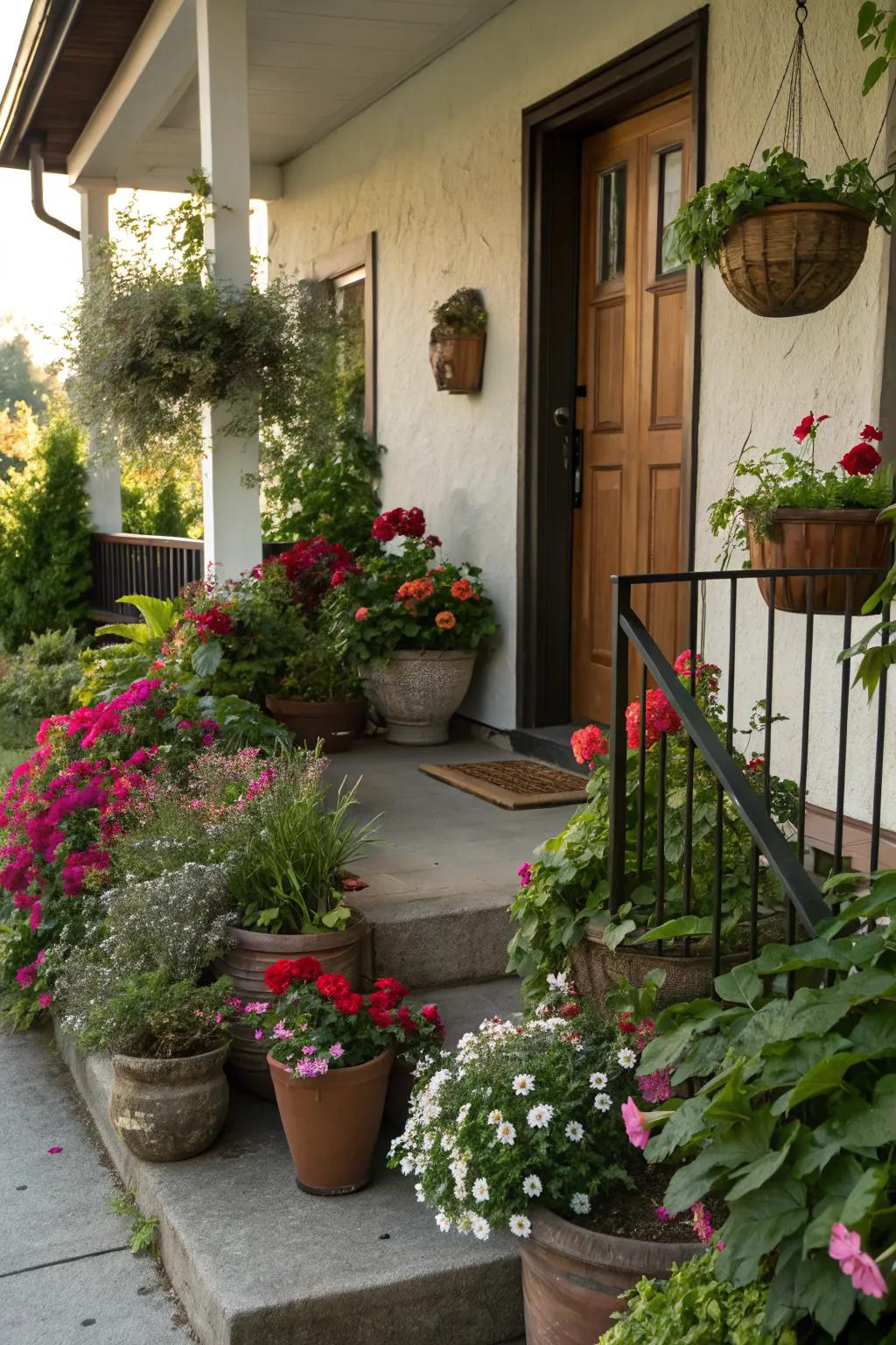 A lush porch filled with vibrant potted plants and greenery