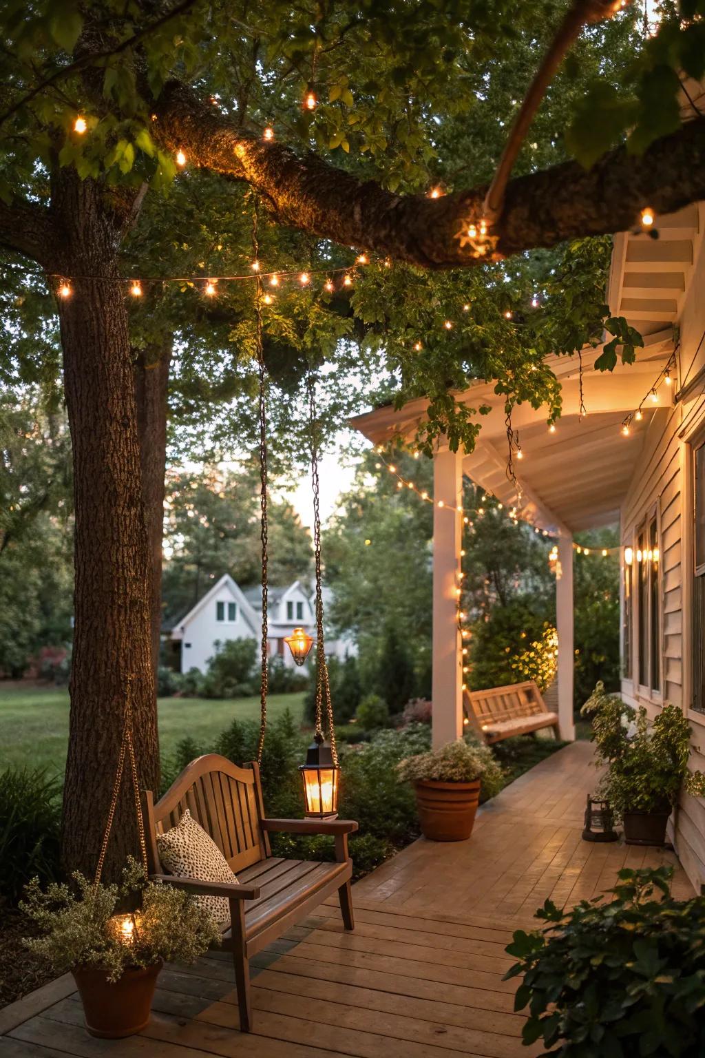 Twinkling lights create a magical porch atmosphere.