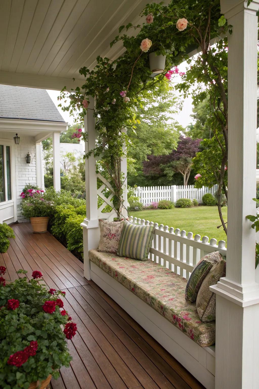 A trellis with integrated seating, perfect for relaxing amidst nature.