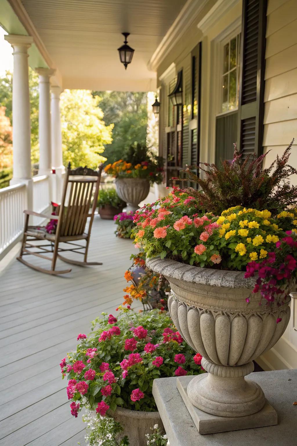 Brighten your porch with vibrant floral arrangements.