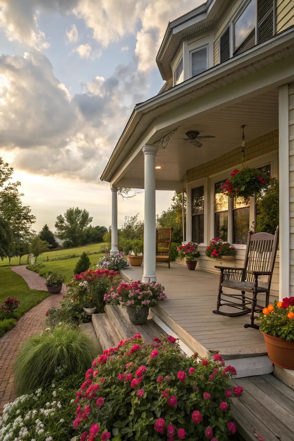 A lush garden frames this front porch with a bay window, enhancing its natural beauty.