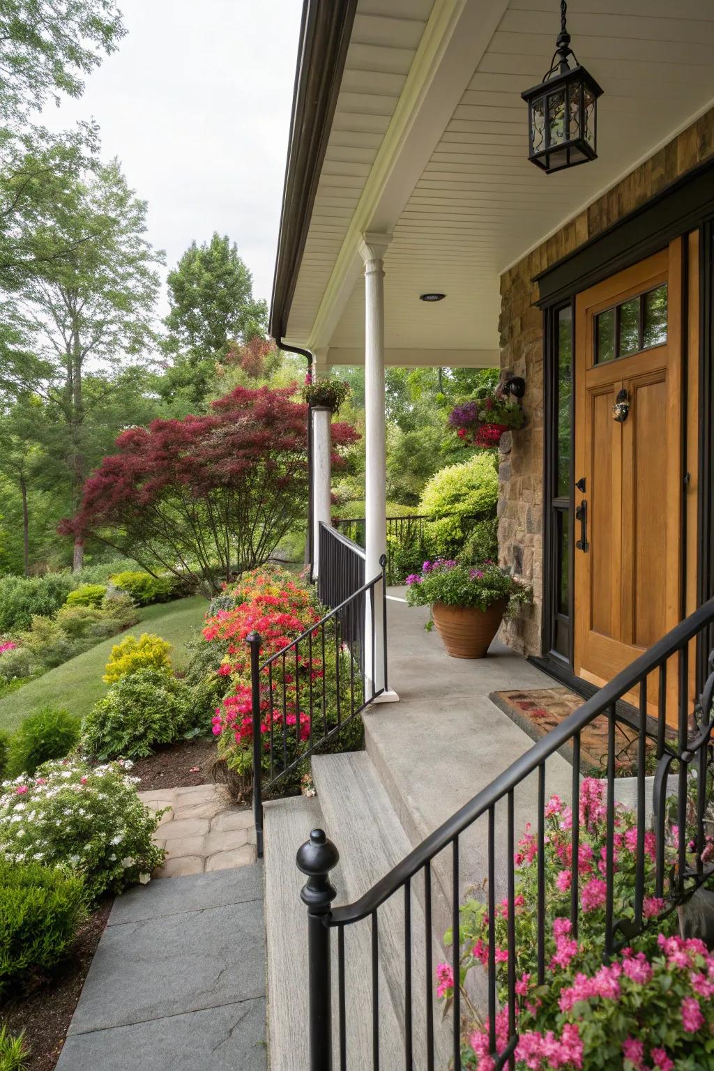 Landscaping complements the black railings, adding vibrancy to the porch.