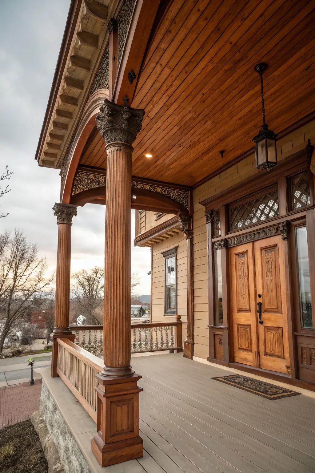 Wooden columns and beams adding structural beauty to the porch.