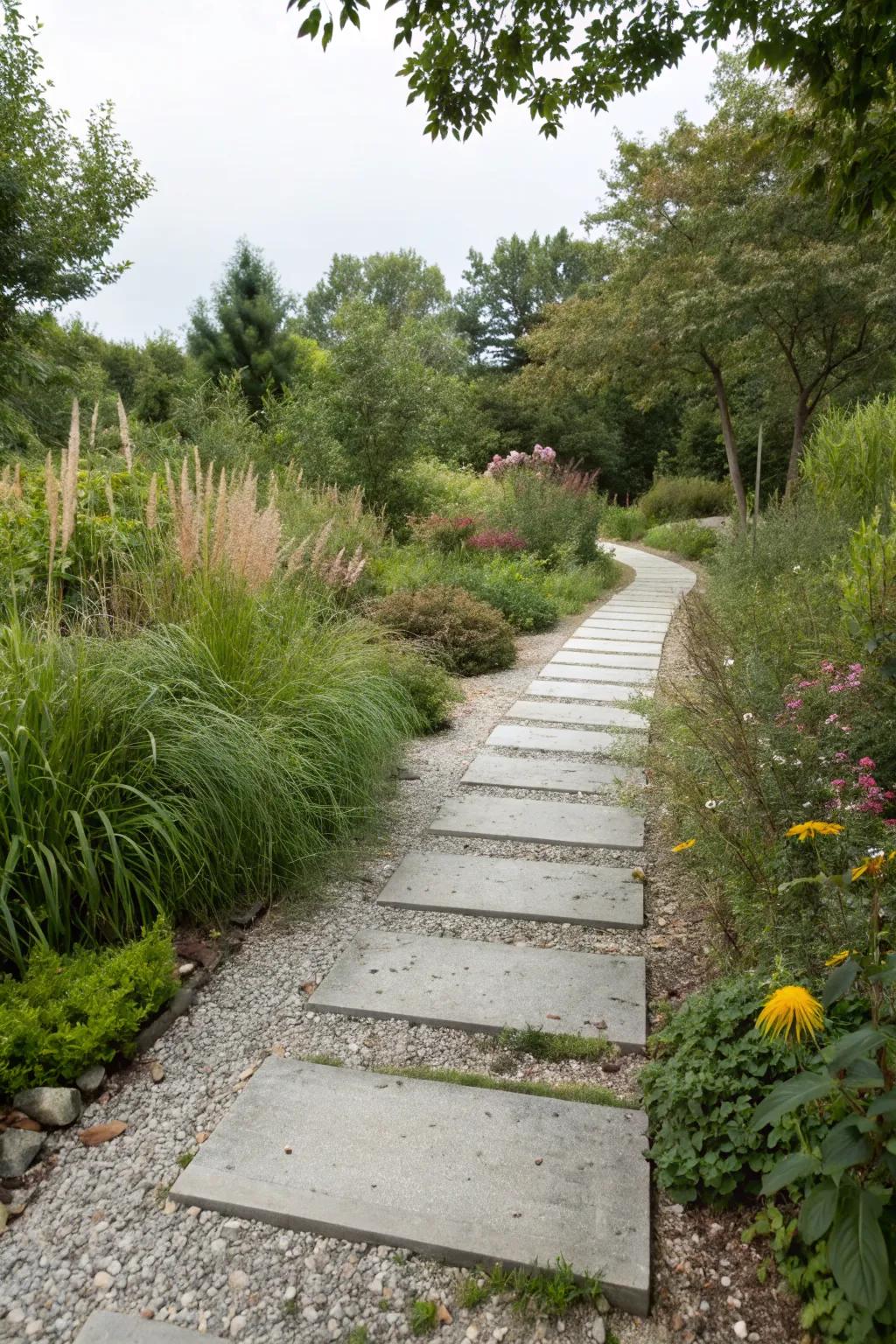 A textural feast with concrete and gravel for a dynamic walkway.