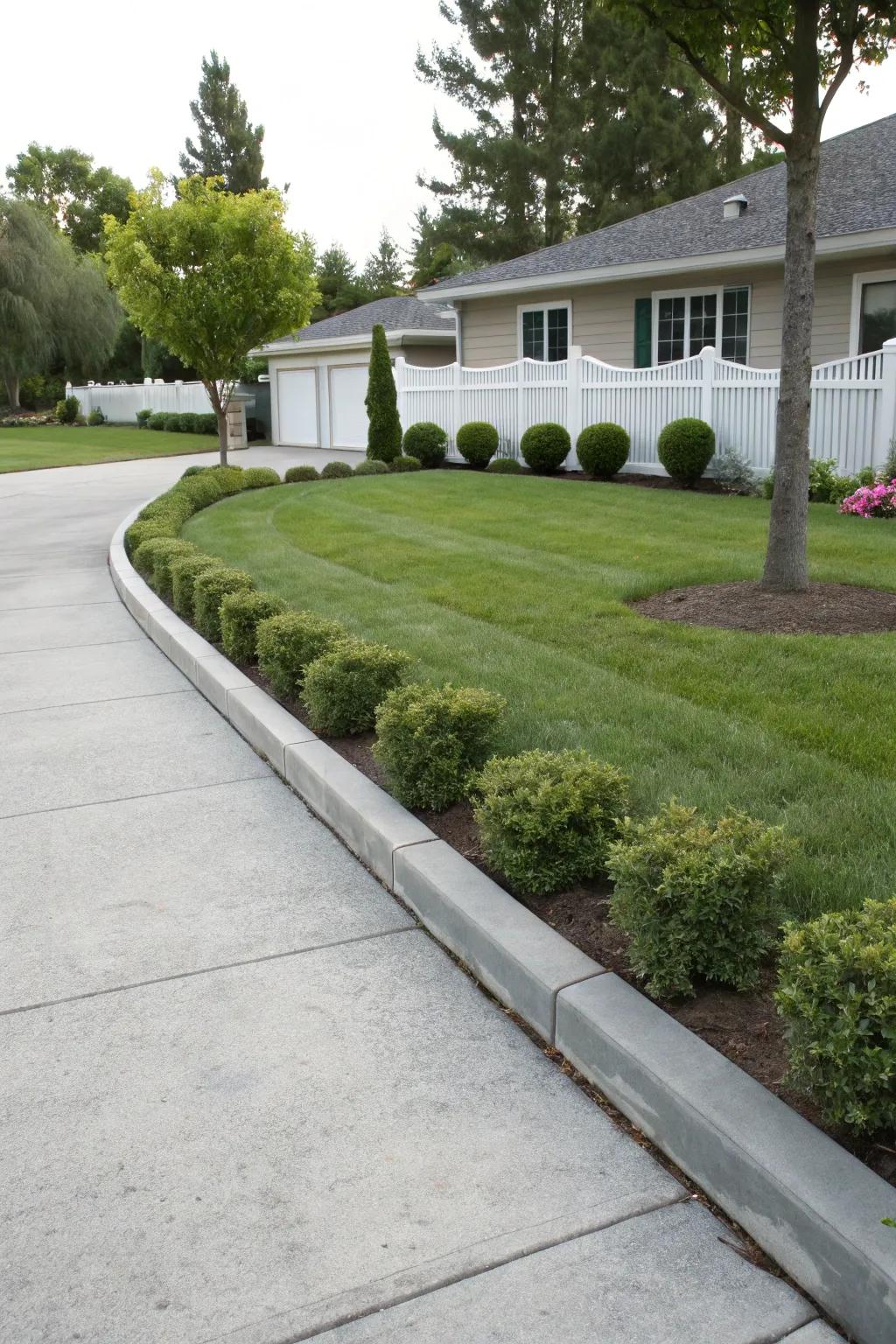 Concrete edges effectively separate the lawn from the driveway.