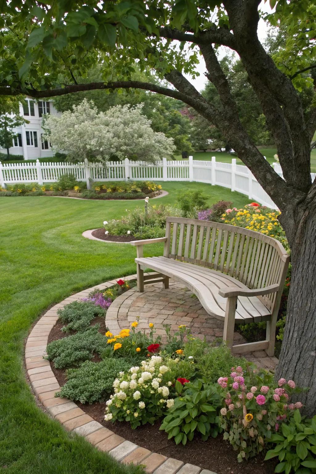 A curved bench invites conversation and adds a unique design touch.