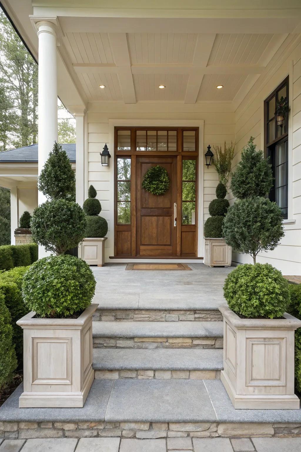 Boxwoods in planters bring elegance to any entrance.